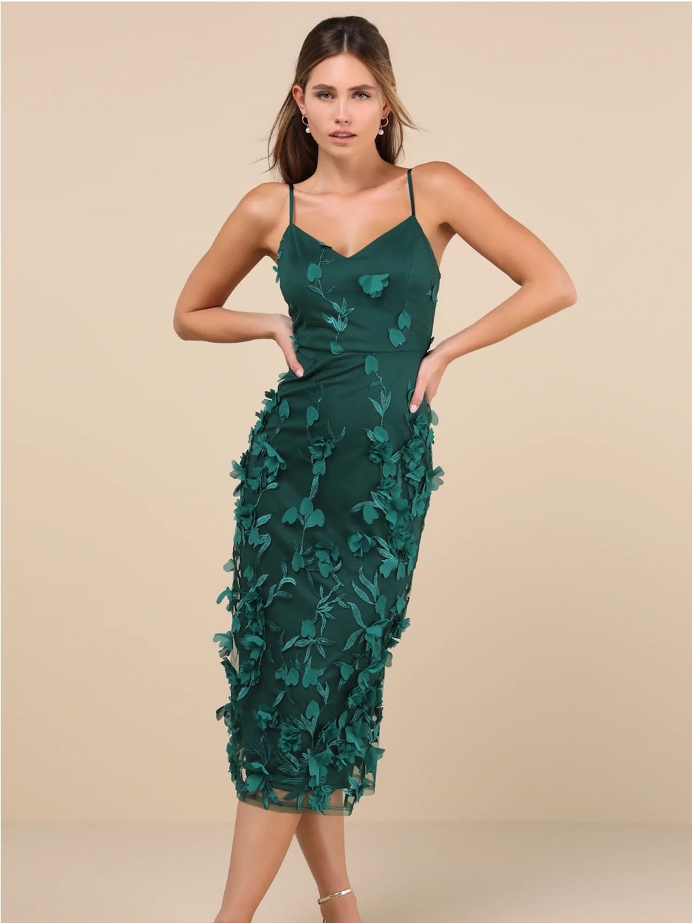 Lulu's Emerald Green 3D Floral Appliqué Midi Dress